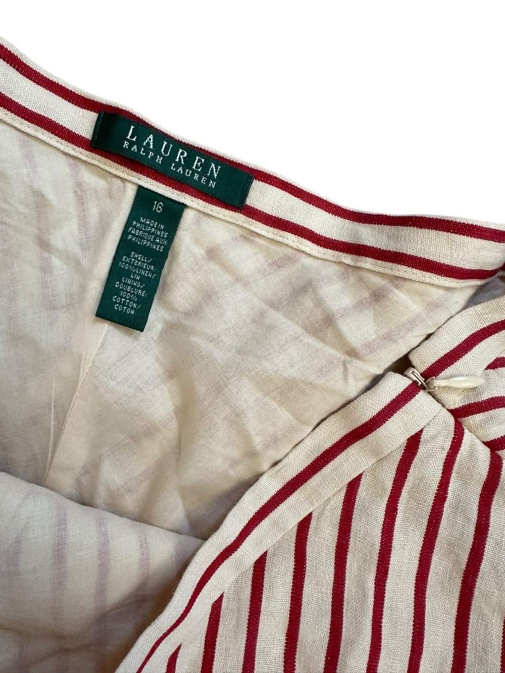 Ralph Lauren Linen Skirt Cream White Red Striped Knee Length Women’s 16 XL